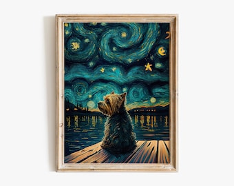 Vincent Van Gogh's The Starry Night Dog Print, Yorkshire Terrier Art, Van Gogh Dog Poster, Home Decor Poster, Funny Gift, Funny Print #93