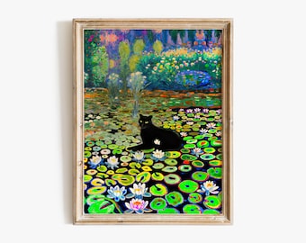 Monet Waterlily Cat Print, Claude Monet Cat Poster, Black Cat Art, Floral Print, Home Decor Poster, Funny Cat Print, Funny Gift #49