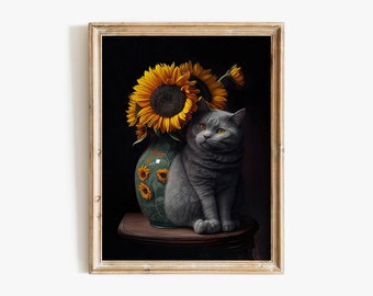 Sunflowers Gray Cat Print, Gray Cat Poster, Floral Print, Gray Cats, Funny Cat Print, Funny Gift, Home Decor Poster | #131