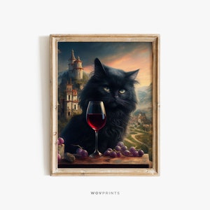 ふわふわの黒猫と赤ワインのプリント、黒猫アート、ホームバーの装飾、キッチンの壁アートプリント、ワインバーの装飾、ホーム装飾ポスター / #156