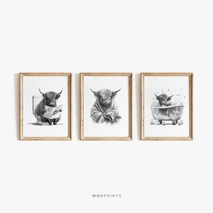 Scottish Highland Cattle Set of 3 Prints, Highland Cow in Bathtub Print, Animal in Bathtub, Funny Kids Bathroom Print, Whimsy Animal #124