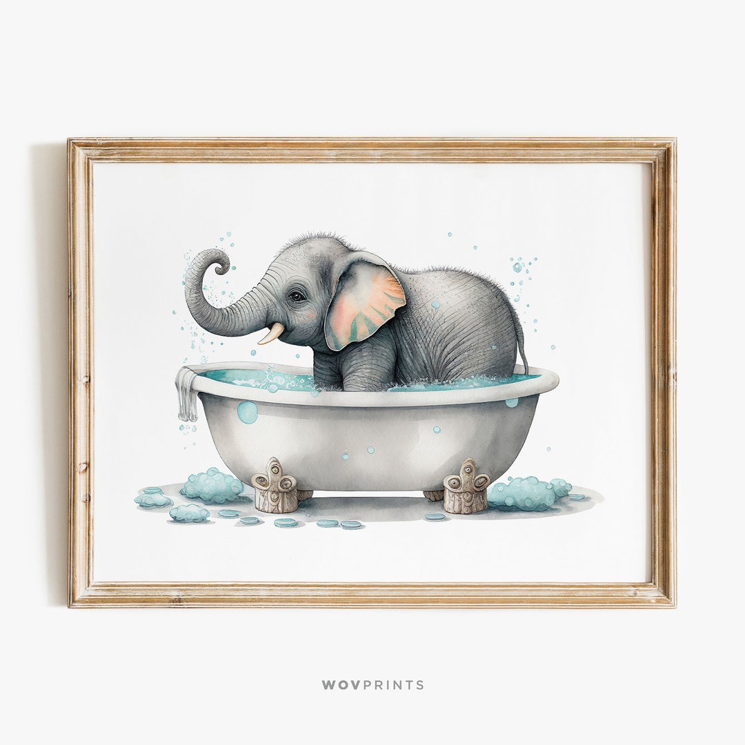 Elephant Spraying Water in Bath Tub Print, Funny Bathroom Print ...