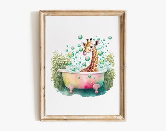 Cute Giraffe in Tub Printable Wall Art | Tropical Giraffe Watercolor Art | Giraffe Art | Bathroom Art Print | Digital Download #17