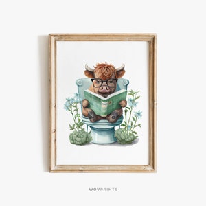 Cute Scottish Highland Cow in Bathroom, Funny Bathroom Print, Bathroom Humor, Animal on Toilet, Whimsy Animal Art, Kids Bathroom / #64