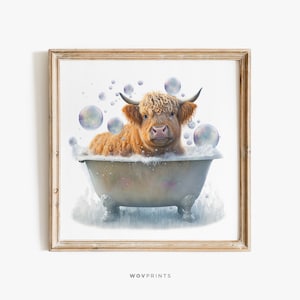 Scottish Highland Cow Print, Highland Cow in Bathtub, Funny Bathroom
