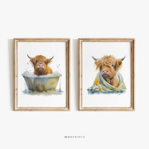 Highland Cow in a Bathroom Set of 2 Print, Funny Bathroom Print, Toddler Bathroom Art, Whimsy Animal, Bathroom Wall Art, Bathtub Art #150