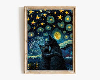 Vincent Van Gogh's The Starry Night Cat Print, Van Gogh Cat Poster, Black Cats Art, Romantic Art Print, Home Decor Poster / #99