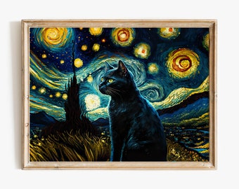 Vincent Van Gogh's the Starry Night Cat Print, Van Gogh Cat Poster ...