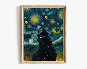 Vincent Van Gogh's The Starry Night Cat Print, Black Cat Art, Van Gogh Cat Poster, Funny Gift, Funny Cat Print, Home Decor Poster #82