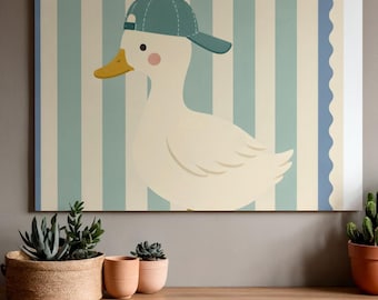 Duckling Art Print, Striped Nursery Wall Decor, Kids Room Artwork