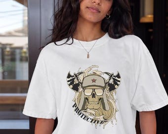Graphic Skull Axe Shirt, Biker Gothic Fashion Tee, Military Graphic T-shirt