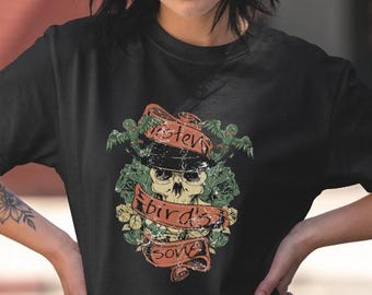 Vintage Skull Graphic Tee, Distressed Floral Bird Lover Shirt, Gothic Nature Art