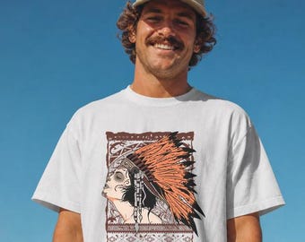 Boho Woman Feather Headdress T Shirt, Sugar Skull Graphic Tee, Western Bohemian Art Shirt, Festival Fashion Gift