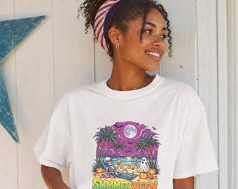 Summerween Skeleton Ghost Beach T Shirt, Spooky Tropical Halloween Graphic Tee