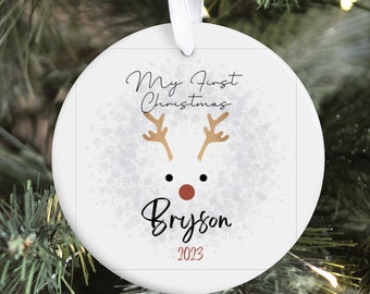 Personalisierte My First Christmas mit Rentier-Feiertags-Ornament, Baby's First Christmas – Pinguin-Design. Keramik Ornament - Unikat doppelt.