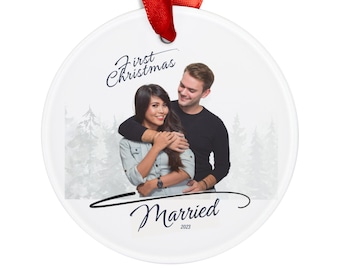 Kundenspezifisches Foto erstes Weihnachten verheiratet 2026 Acrylverzierung mit Band