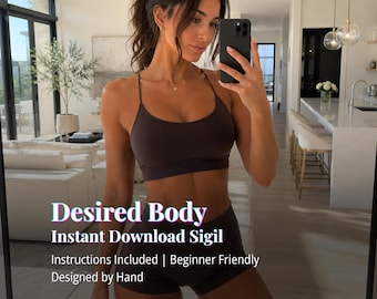 Puede incluir: Un conjunto deportivo de dos piezas en color marrón oscuro que consta de un sujetador deportivo con tirantes finos y pantalones cortos a juego. La imagen incluye el texto: Desired Body, Instant Download Sigil, Instructions Included | Beginner Friendly, Designed by Hand.