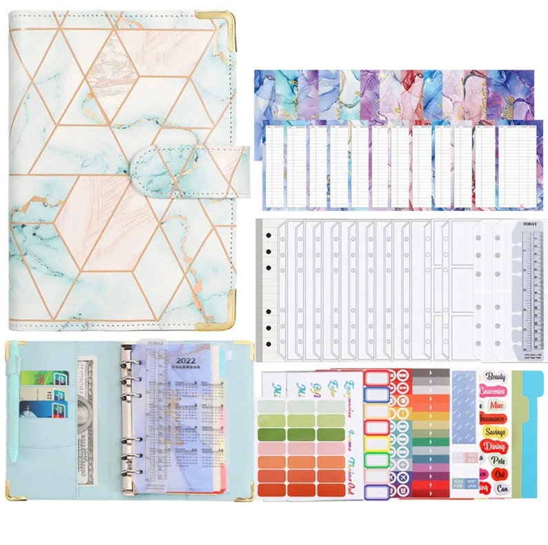 Budget Binder Set Checkered Marble Hellblau