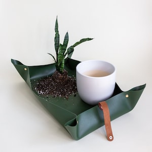 Può includere: Un vassoio in pelle verde con un cinturino in pelle marrone. Il vassoio ha una piccola pianta in vaso al centro e una tazza in ceramica bianca con un liquido marrone chiaro all'interno.