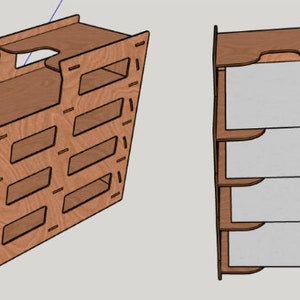 Könnte beinhalten: Ein Holz-Ablagefach mit fünf Fächern. Die Fächer sind abgewinkelt und haben eine abgerundete Vorderkante. Der Ablagefach ist aus hellem braunem Holz.