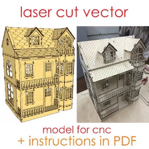 Puede incluir: Modelo de casa de muñecas de madera cortado con láser con una fachada y un techo detallados. El modelo está listo para ensamblarse e incluye instrucciones en formato PDF. La casa de muñecas es un gran proyecto para máquinas CNC.