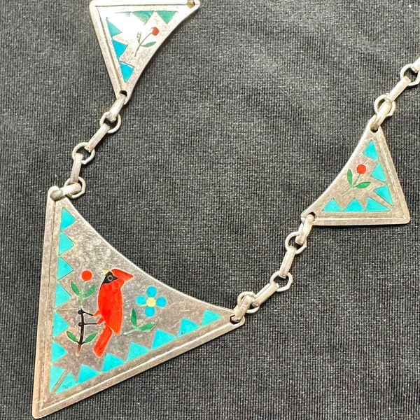 Rare 1960’s Zuni vintage sterling silver & turquoise cardinal necklace handmade  by Sammy and Esther Guardian