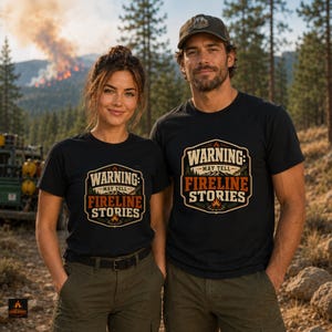 May include: Two black short-sleeved t-shirts featuring a graphic emblem with the text WARNING: MAY TELL FIRELINE STORIES, accompanied by illustrations of mountains, trees, and a campfire. The design uses cream, orange, and dark brown colors.