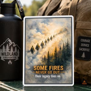 Könnte beinhalten: Ein rechteckiger Aufkleber mit weißem Rand zeigt eine Malerei von Feuerwehrleuten, die durch Wolken gehen. Der Text "SOME FIRES NEVER GO OUT" wird angezeigt. Eine schwarze Wasserflasche und eine Tasche befinden sich im Hintergrund.