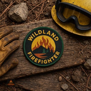 May include: A round patch with the words "WILDLAND FIREFIGHTER" in yellow and green, featuring a mountain and flames design. The patch is on a wooden surface, with a yellow helmet and gloves in the background.