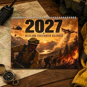 May include: A 2027 Wildland Firefighter Calendar featuring a spiral-bound design. The cover displays a graphic illustration of a firefighter in protective gear, a helicopter dropping water, an aircraft, and a forest fire against a mountain backdrop.