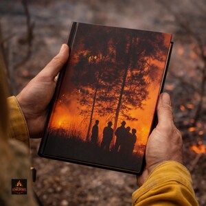 May include: A hardcover book held in hands, featuring a dramatic image of a wildfire with silhouetted figures. The cover displays a fiery orange and brown scene with trees and people, evoking a sense of urgency and danger. The book's title is not visible.