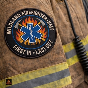 May include: Close-up of a brown Wildland Firefighter-EMT jacket. A circular patch features text and graphics, including a blue star of life, axes, and flames. The text reads "Wildland Firefighter-EMT" and "First In Last Out."