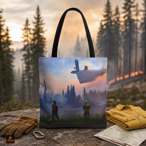 Könnte beinhalten: Tragetasche mit einer dramatischen Szene eines Waldbrandes mit einem Wasserbomber. Die Tasche hat einen schwarzen Griff und einen detaillierten Aufdruck von Feuerwehrleuten, Bäumen und Rauch. Ein gelbes Hemd, Handschuhe und eine Karte sind sichtbar.