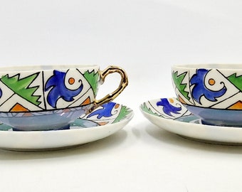 Eggshell Japanese Tea Cups  Saucers with Blue Orange Design and Golden Holder, price per single cup & saucer, Replacement item, collectible