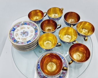 Set of 9 PCs Exceptionally Beautiful Antique Porcelain Gold/Brass  Laminated Czechoslovakia Spring Royal 4 oz Tea Cups and 10 cm Saucers