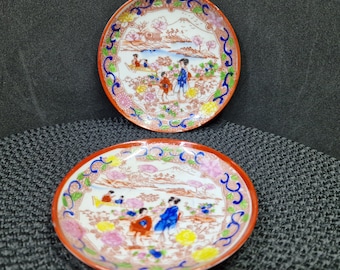Set of 2 Vintage Japanese Kutani Style Mini Plates - Hand Painted Figures