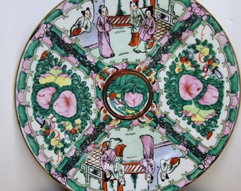 assiette verte chinoise vintage de 25 cm avec accent rose et floral avec motifs de personnes, article de remplacement, à collectionner,