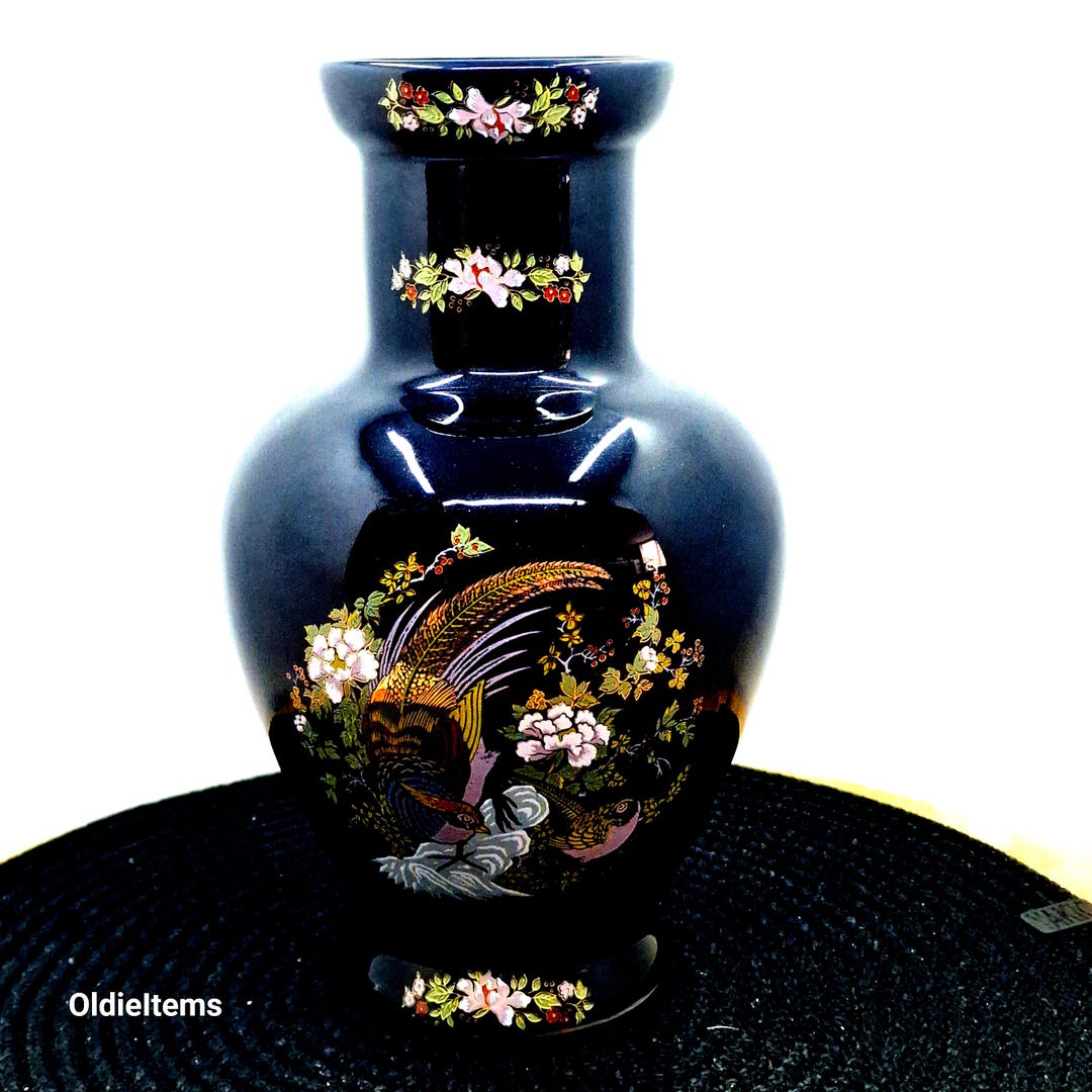 孔雀装飾のネイビーブルー花瓶 ヴィンテージ コバルトブルー 花瓶セット：花柄孔雀モチーフ、23 cm