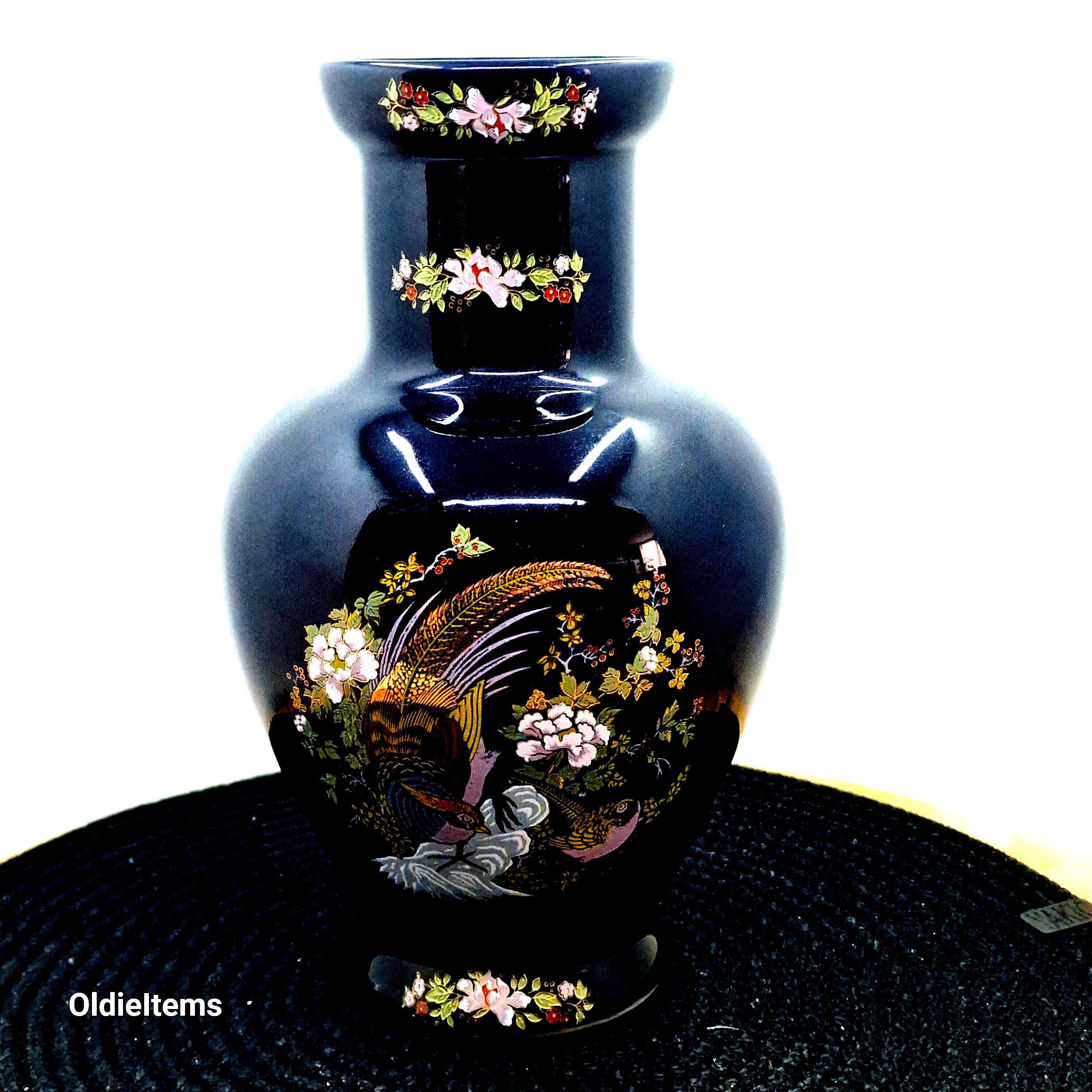 ヴィンテージ コバルトブルー 花瓶セット：花柄孔雀モチーフ、23 cm