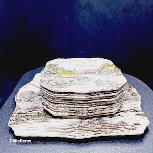 Myott Fine Staffordshire WARE Rural Scene Cake Set of large 26 cm plate and 11 Pcs 16 cm Rectangular plates Hand Engraved  Made In England