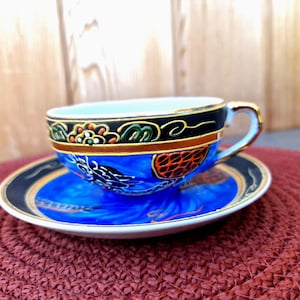 Vintage Japanese Satsuma Lithophane Cup & Saucer: Blue Dragon Geisha