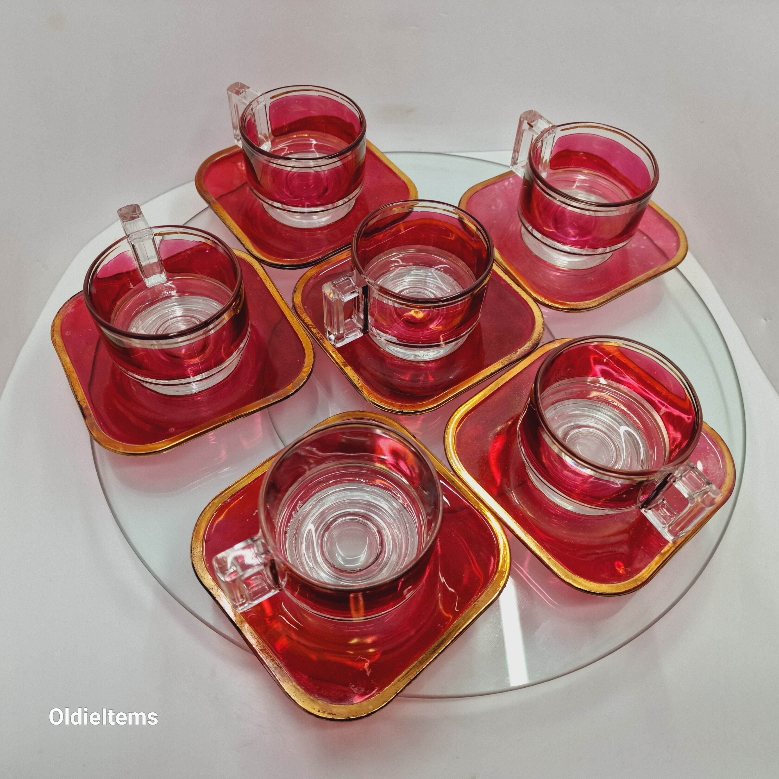 Vintage Rote Glas Tasse und Untertasse Set (2,5 oz, 10 cm)
