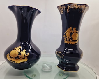 Vintage Cobalt Blue Limoges Vases with Limoges Castle European Couple Golden Motif