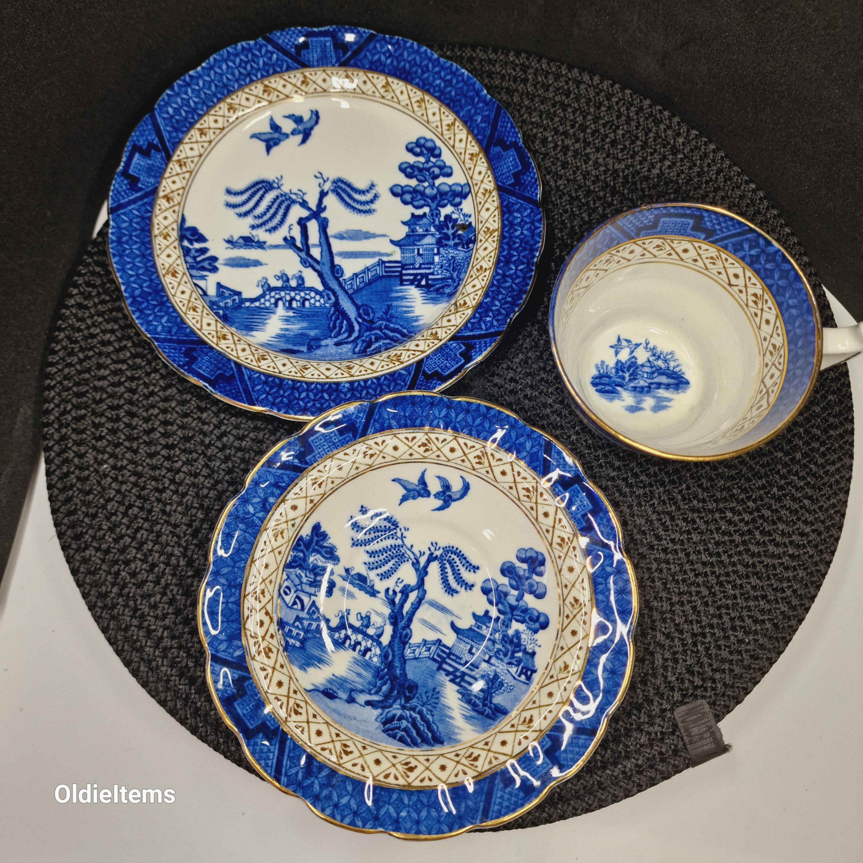 Vintage siliconen serviesset met kraampjes: oud wilgblauw gouden motief