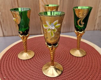 Gilded Murano Wine Glasses: Green & Gold Floral Embossed Set - Etsy