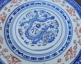 Vintage Rice Eye Plate: Blue Dragon Motif, 20 cm