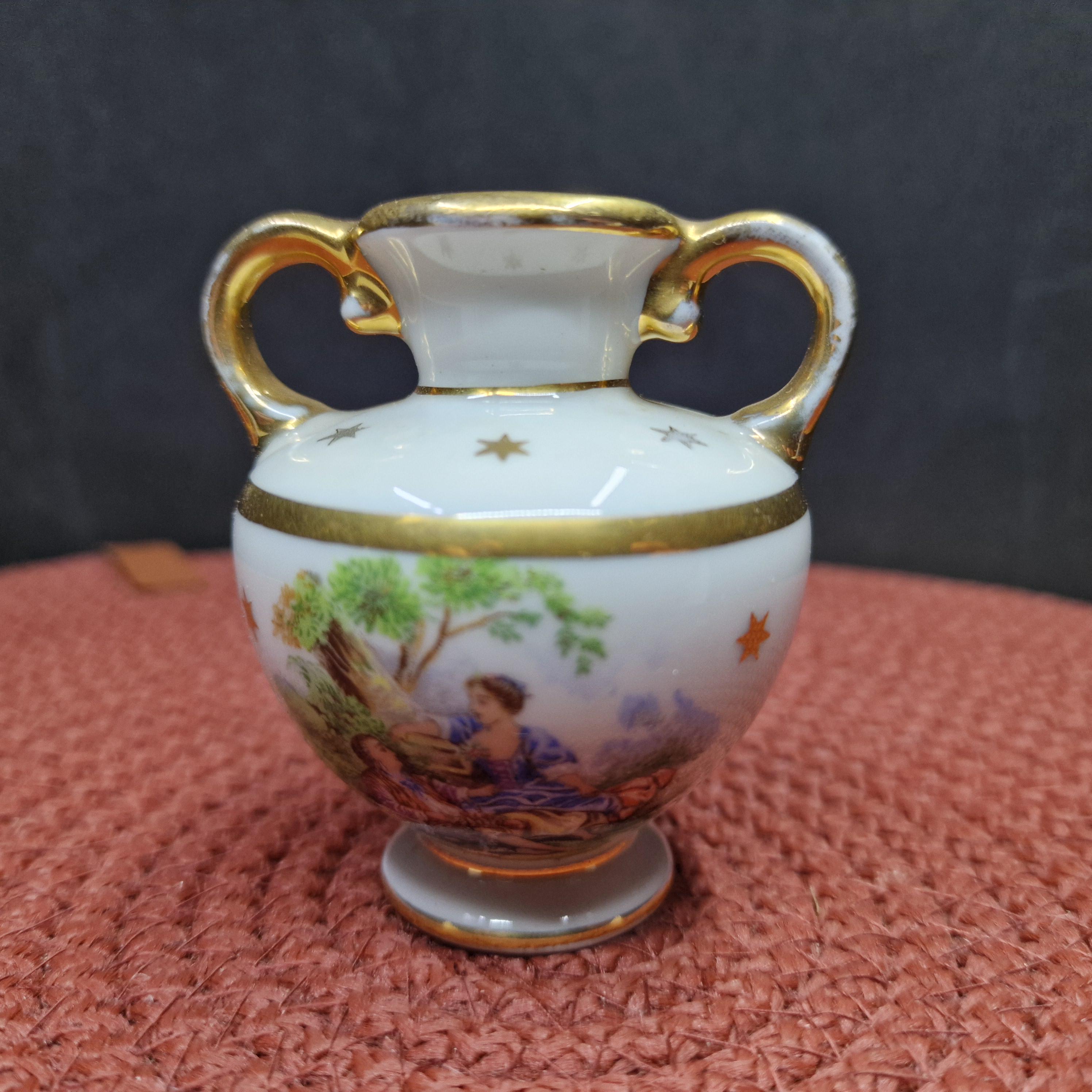 ヴィンテージ リモージュ ミニチュア磁器花瓶、金の取っ手付き、手描き