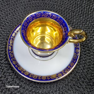 Exceptional Vintage Gold Coated PM Import Demitasse Cup and Saucer with Golden and Blue Accents, Replacement Item, Collectible