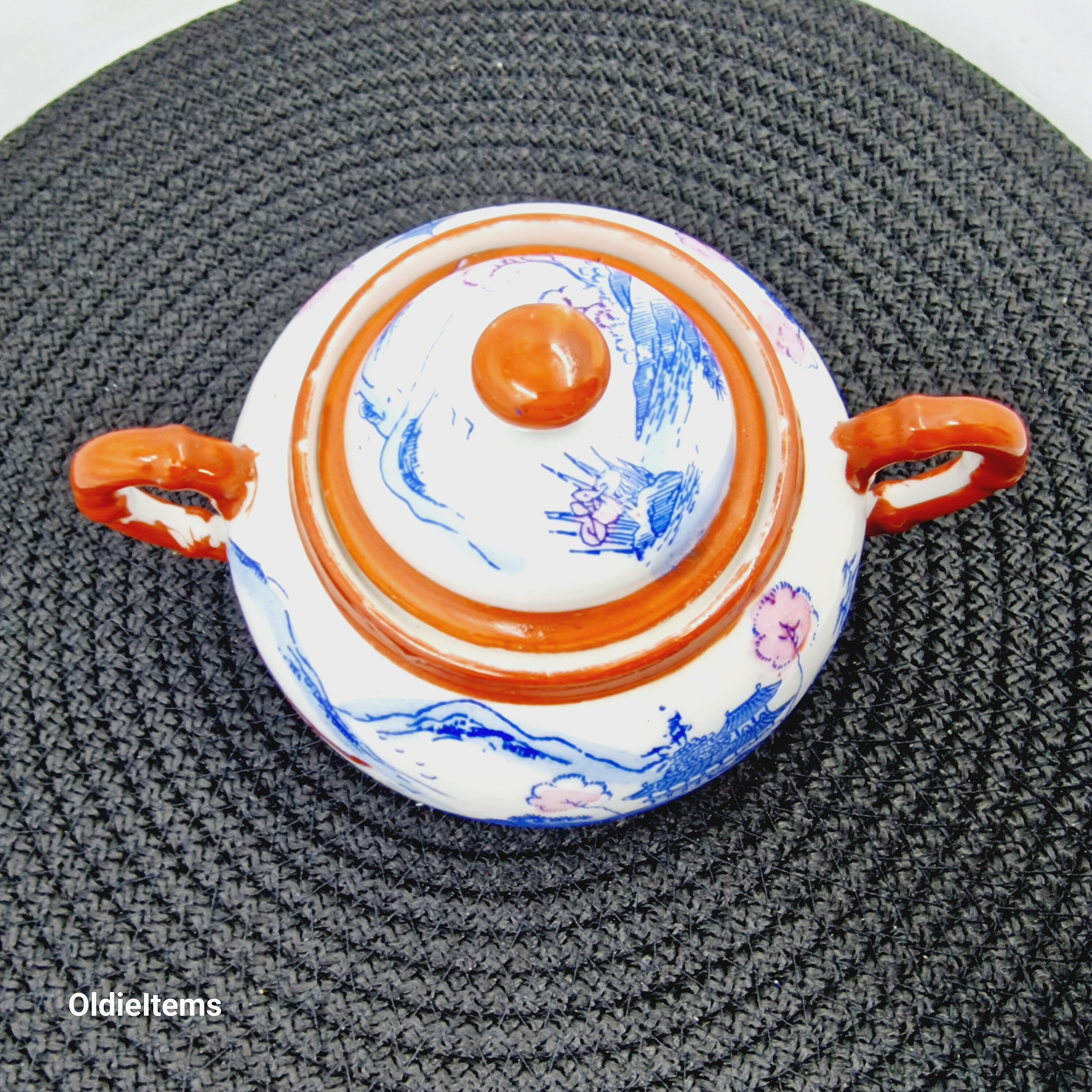 ヴィンテージ九谷焼ティーポットとキャンディジャーセット：青銅の海と