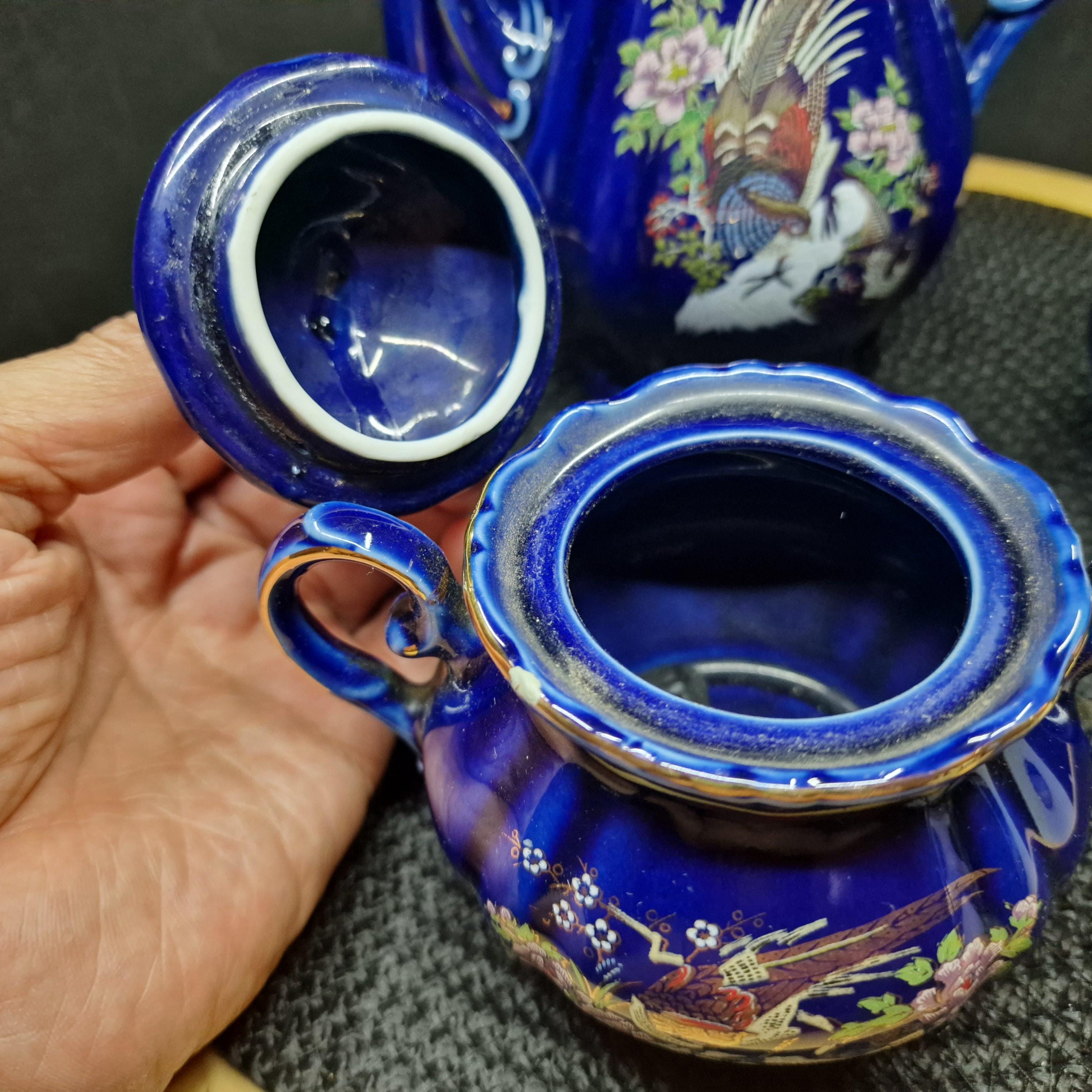 Vintage Japanese Cobalt Blue Porcelain Tea Set: Pheasant & Floral